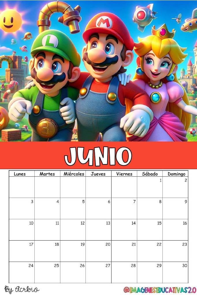 Calendario de Mario Bros 2024: Plantilla para editar e imprimir
