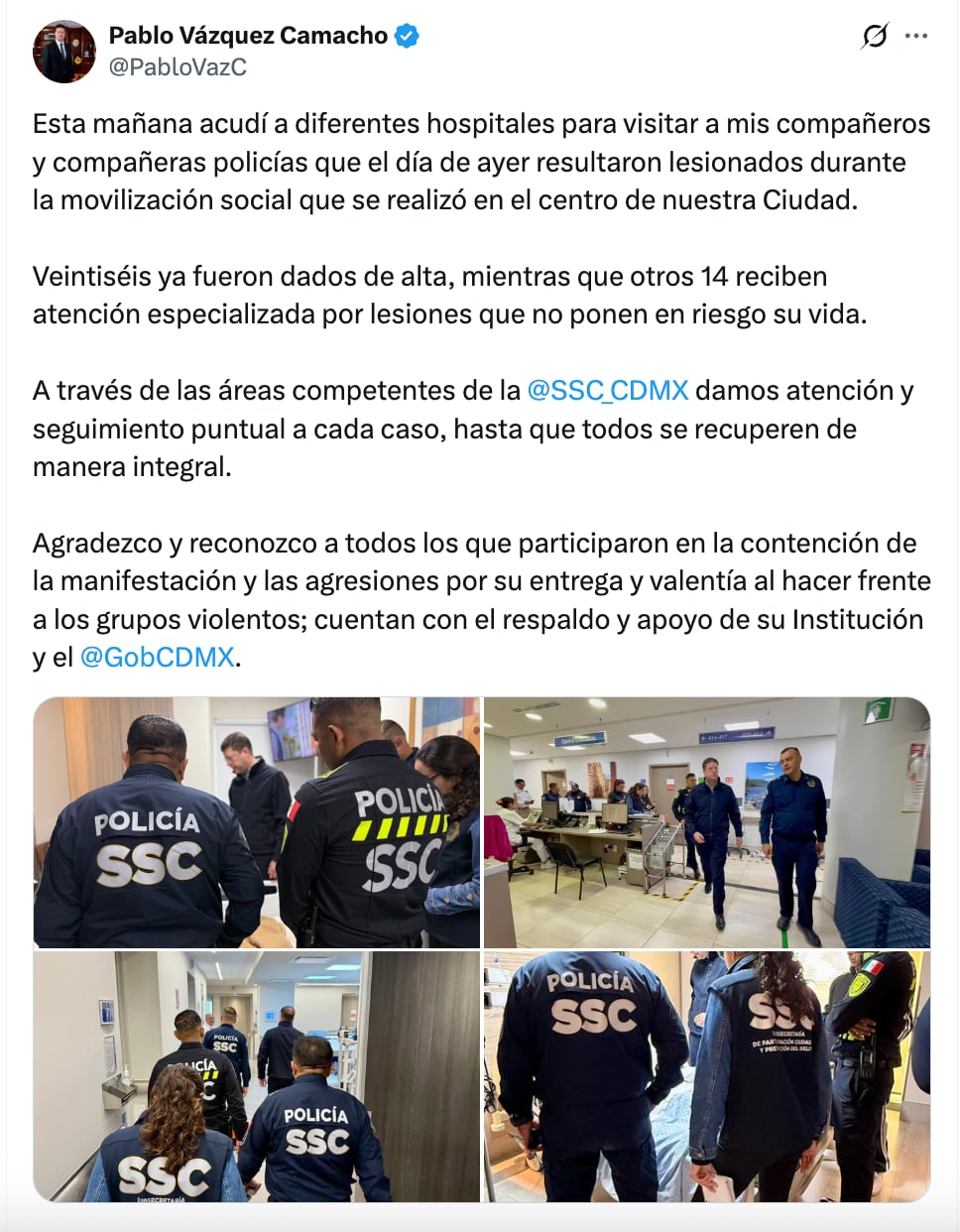 Pablo Vázquez visitó a los policías heridos tras la marcha de la Generación Z