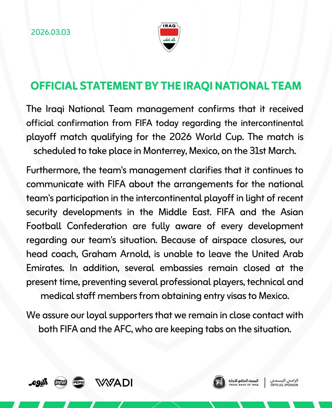 Comunicado federación de Irak