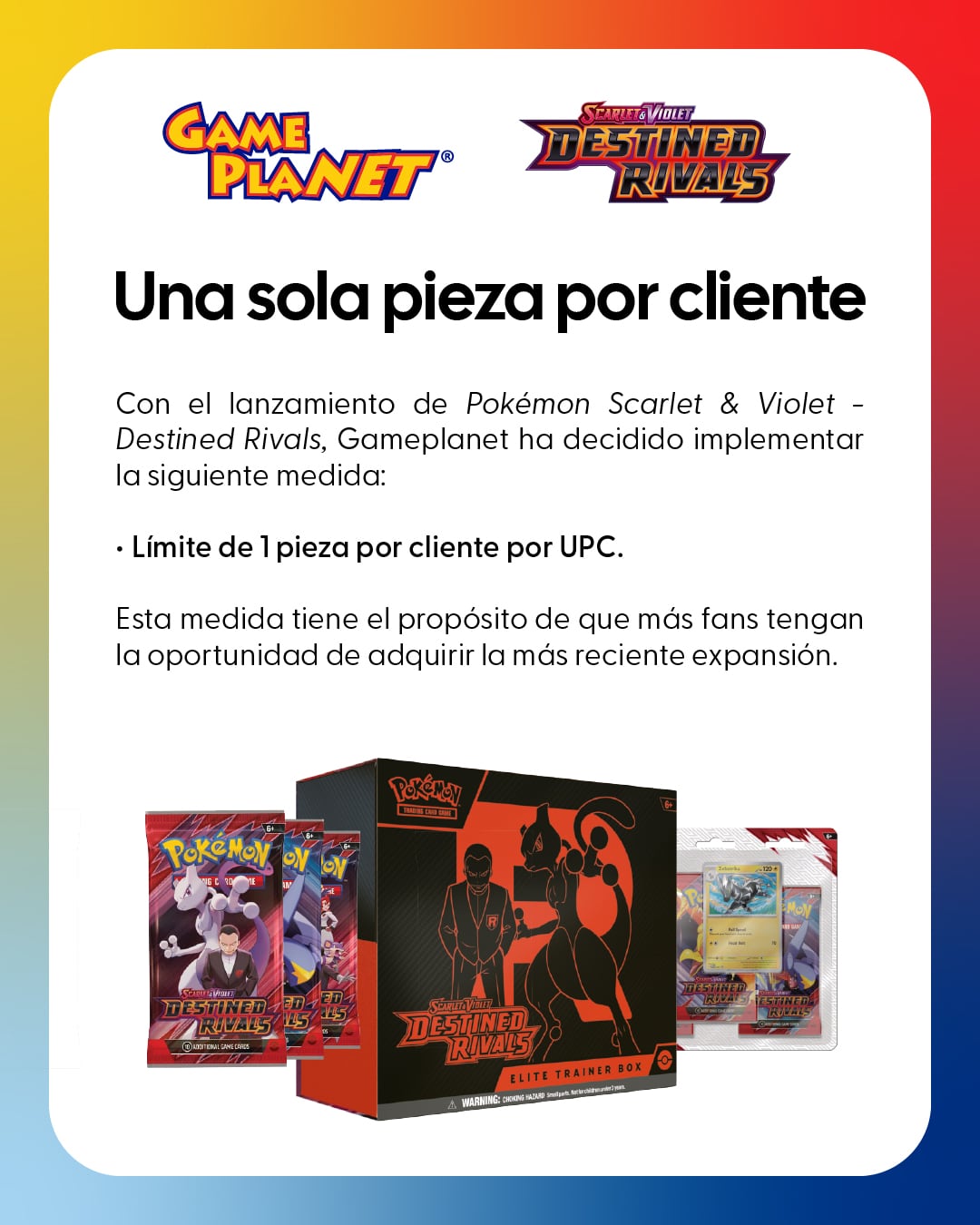 Comunicado Gameplanet sobre cartas Pokémon Escarlata y Púrpura: Destined Rivals