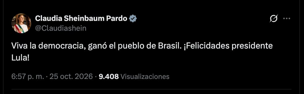 Claudia Sheinbaum felicita a Lula da Silva por su victoria en las elecciones de Brasil