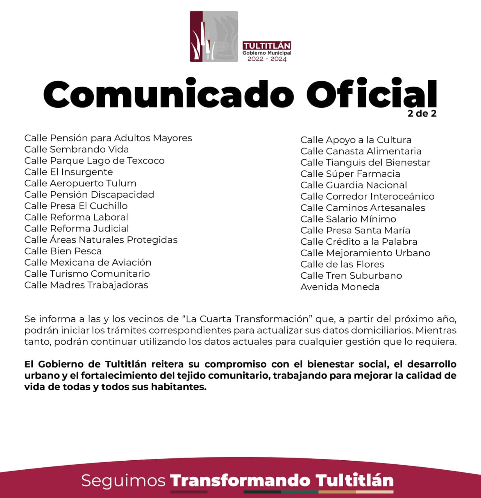 Comunicado del gobierno de Tultitlán sobre Colonia 4T