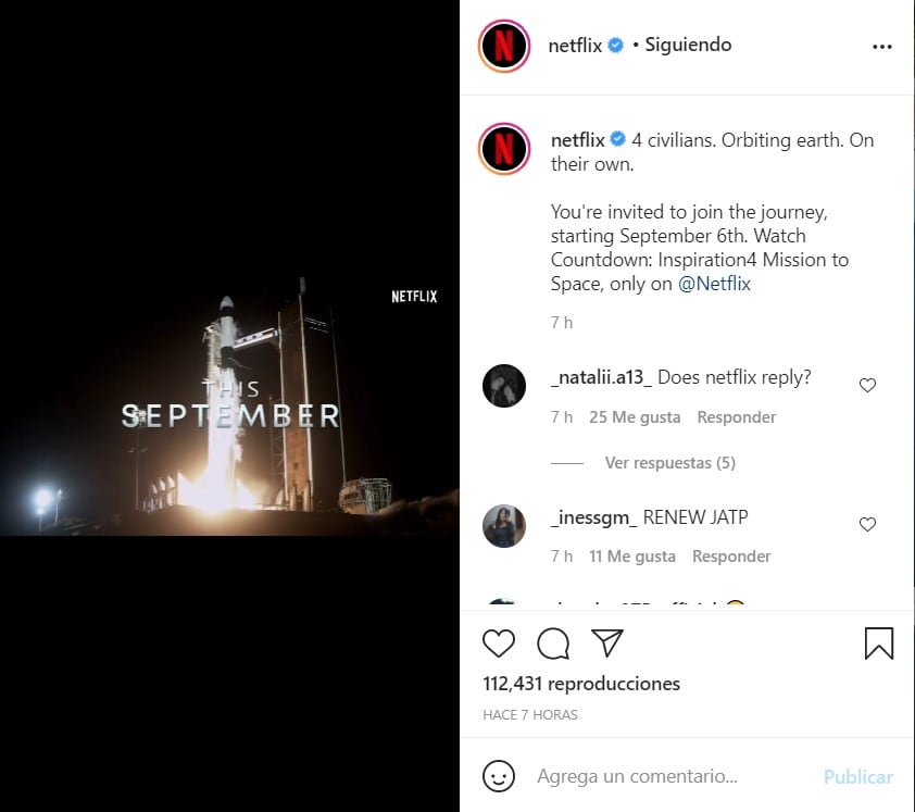 Publicación de Netflix en Instagram