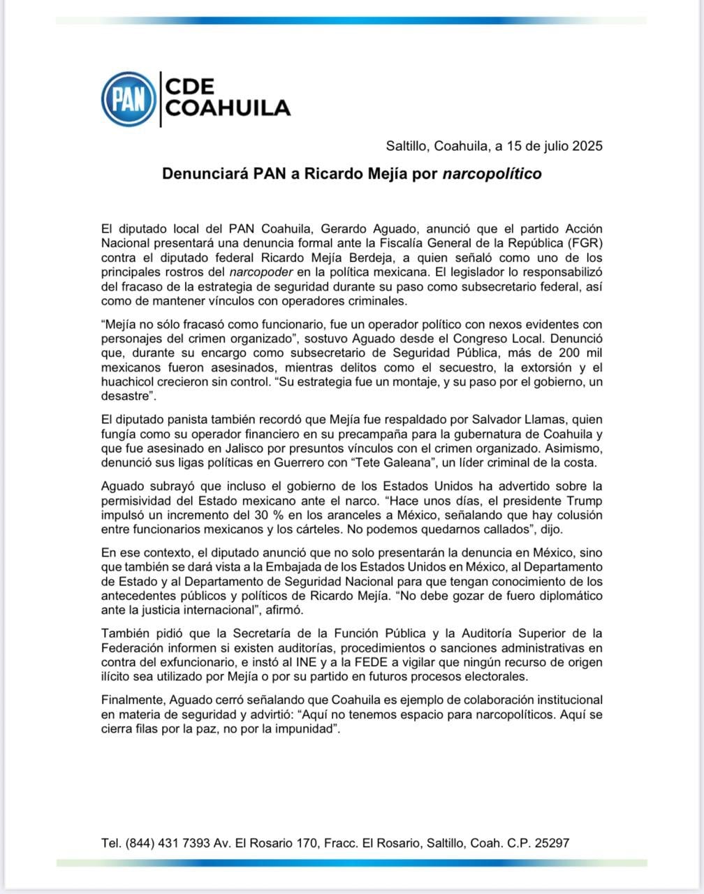 Ricardo Mejía Berdeja enfrentará denuncia del PAN