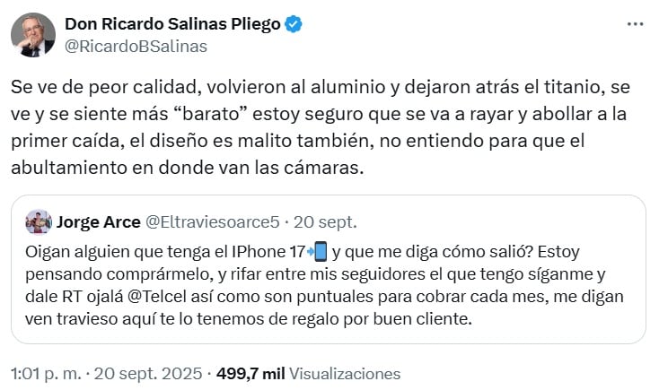 La dura crítica de Ricardo Salinas Pliego al iPhone 17: “se siente más barato”