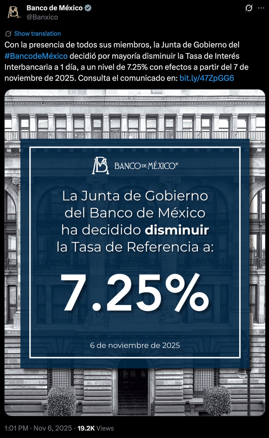 Banxico anuncia recorte a la tasa de interés.