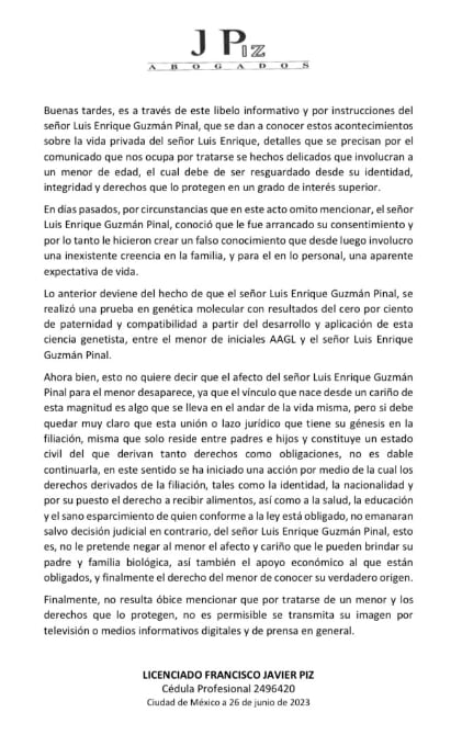 Luis Enrique Guzmán envía comunicado para revelar que no es padre biológico del hijo de Mayela Laguna