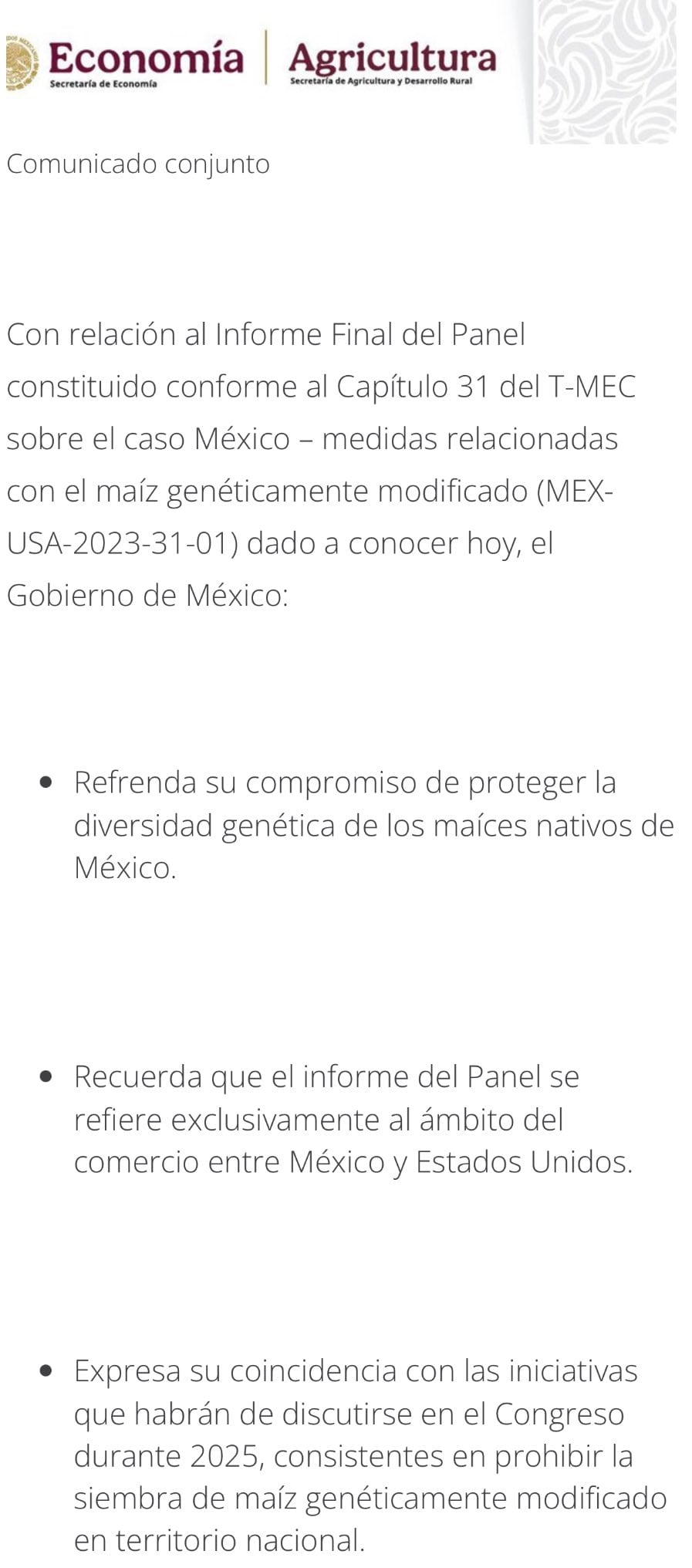 Comunicado sobre maíz transgénico
