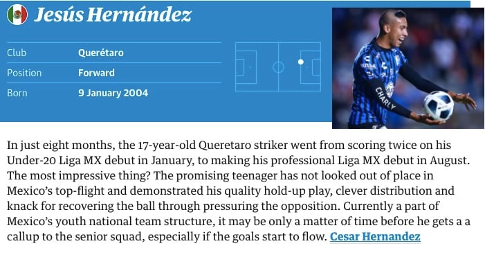 Jesús Hernández , elegido por The Guardian entre los mejores jóvenes talentos del futbol mundial