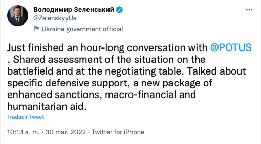 Volodímir Zelenski habla por una hora con Joe Biden y él le promete apoyo a Ucrania /@ZelenskyyUa