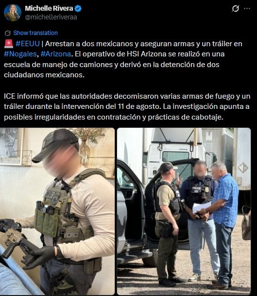 Dos mexicanos detenidos por ICE en Arizona; aseguran armas y un tráiler