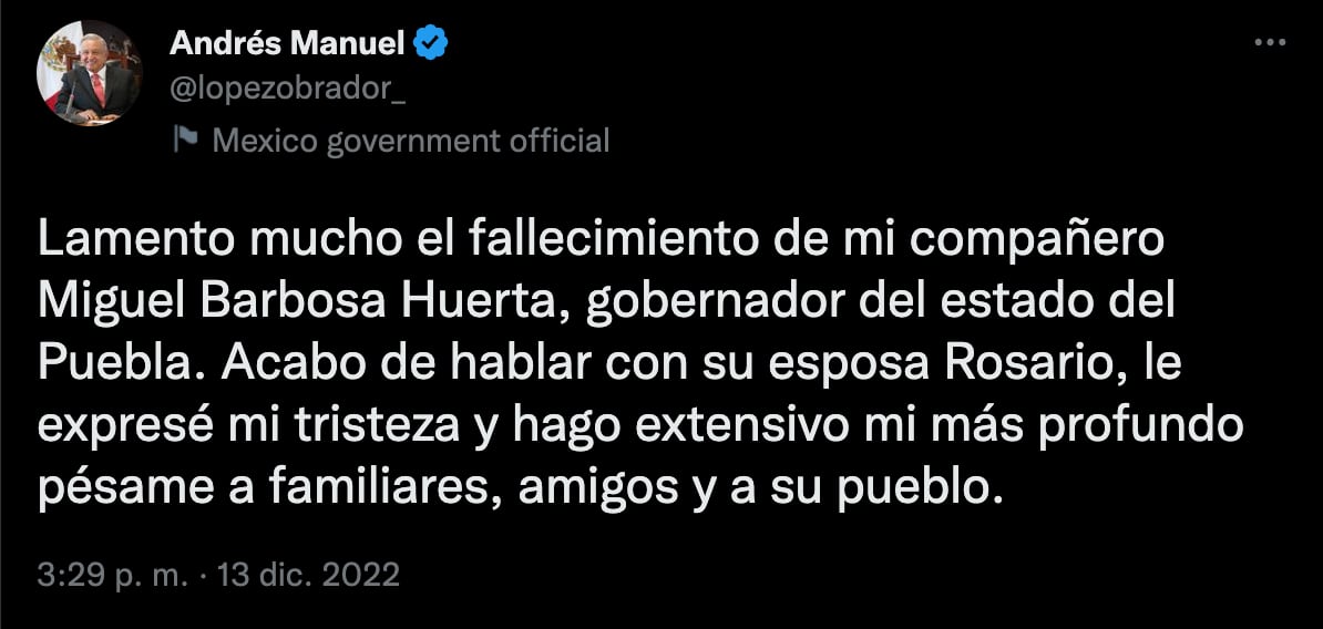 AMLO anuncia muerte de Miguel Barbosa