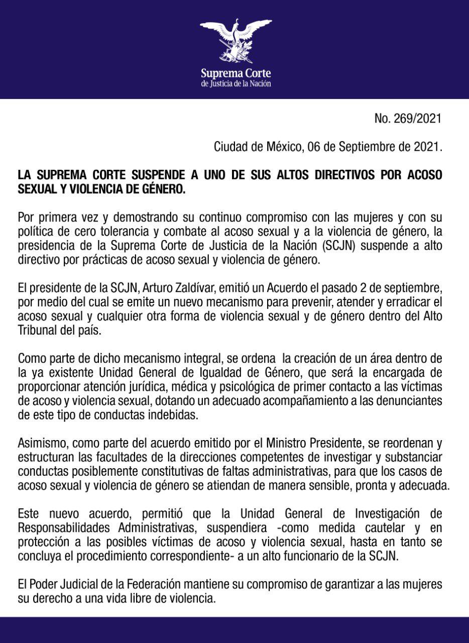 Comunicado sobre suspensión de alto directivo