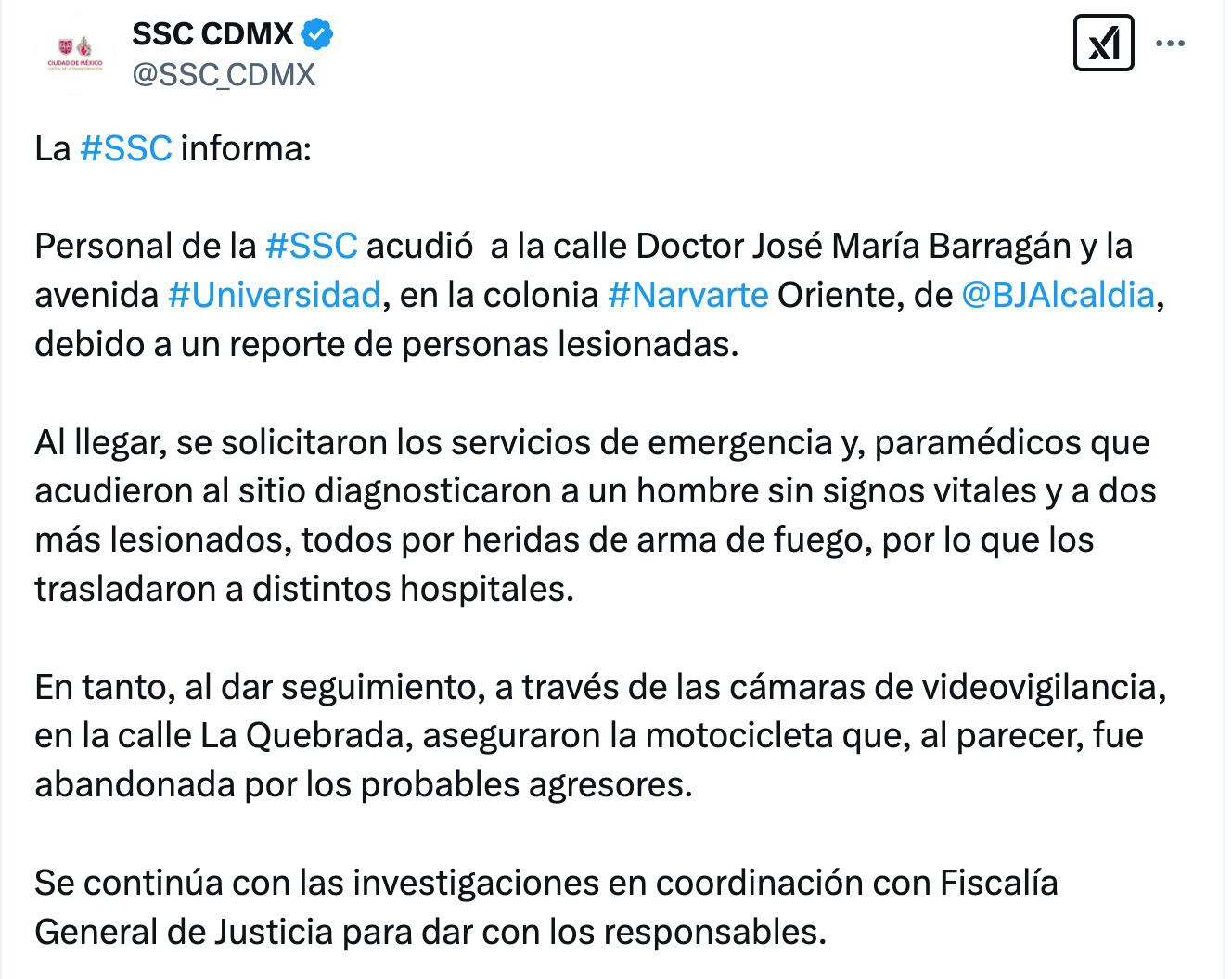 Balacera en Narvarte hoy