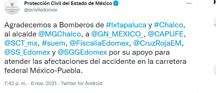 Captura de pantalla del Twitter de Protección Civil del Estado de México