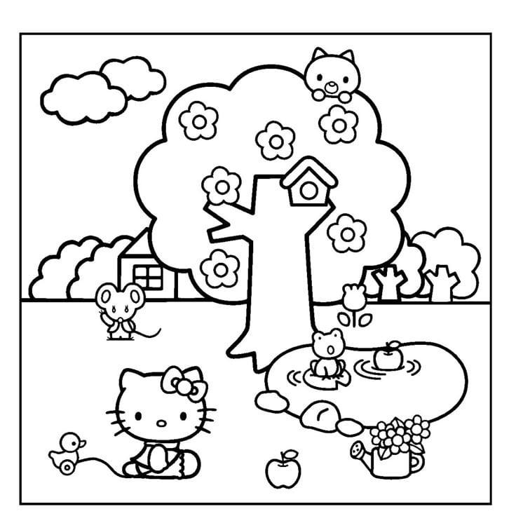 Dibujos de Hello Kitty tomando el sol de primavera para colorear