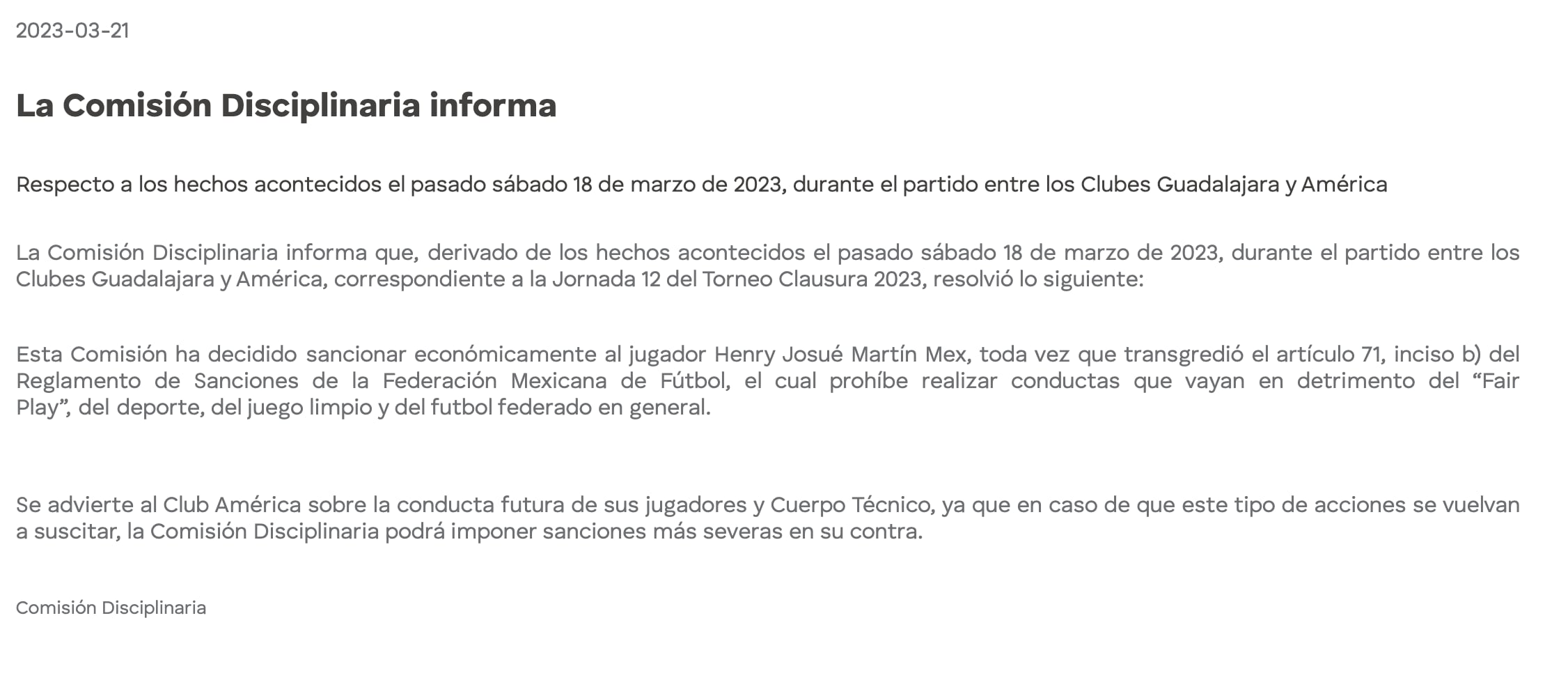 Comisión Disciplinaria sancionó a Henry Martín y advirtió al Club América