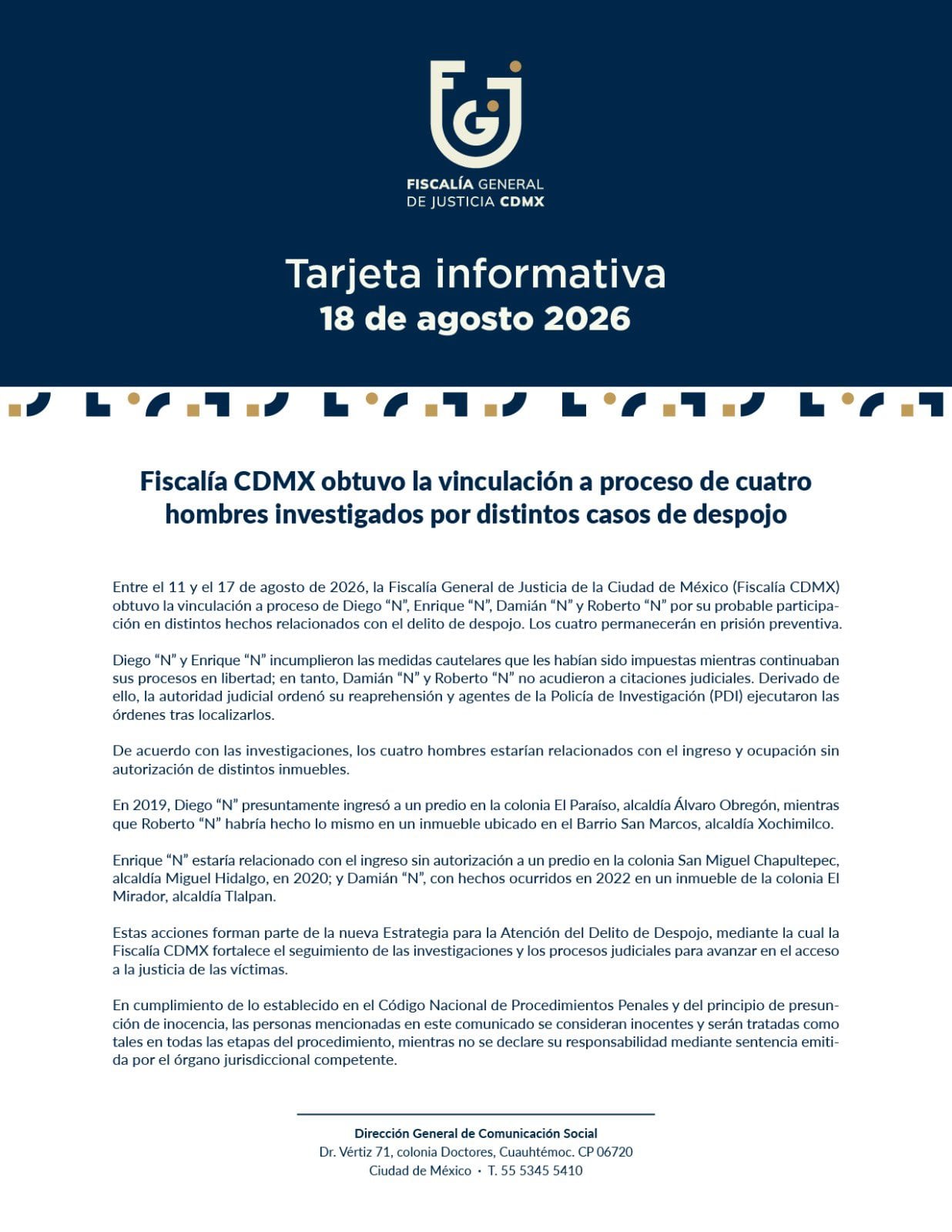 Fiscalía CDMX logra 4 vinculaciones a proceso por casos de despojo