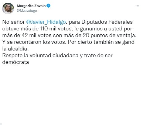 Tuit de Margarita Zavala