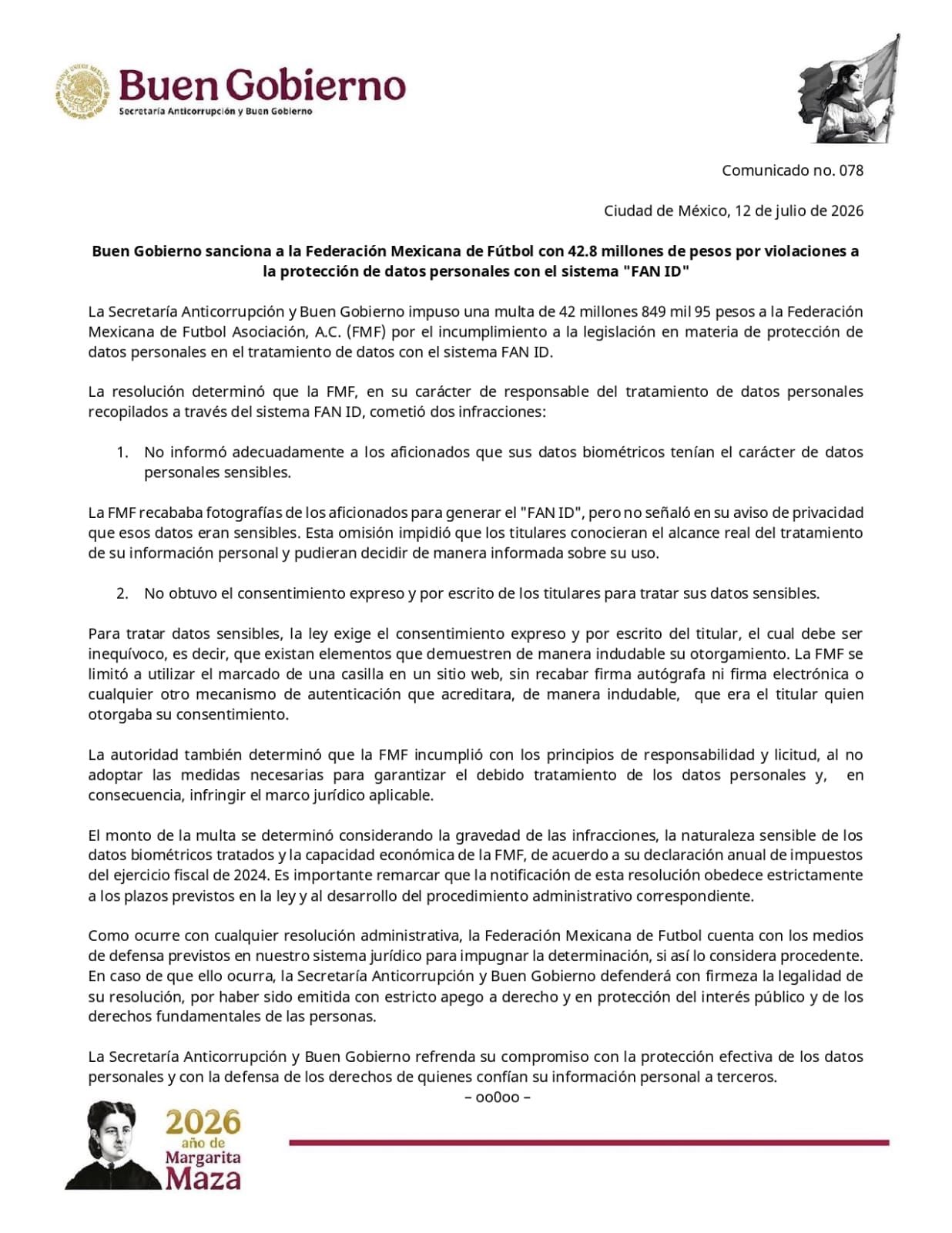 Buen Gobierno multa a FMF por 42.8 millones de pesos por violar la protección de datos personales con el FAN ID