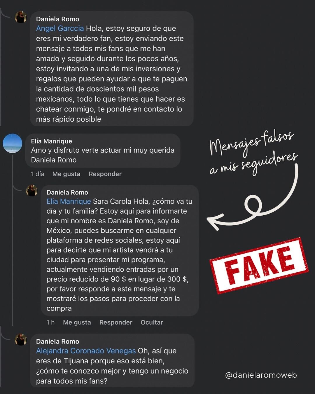 Daniela Romo muestra el modus operandi de la cuenta fake en Facebook.