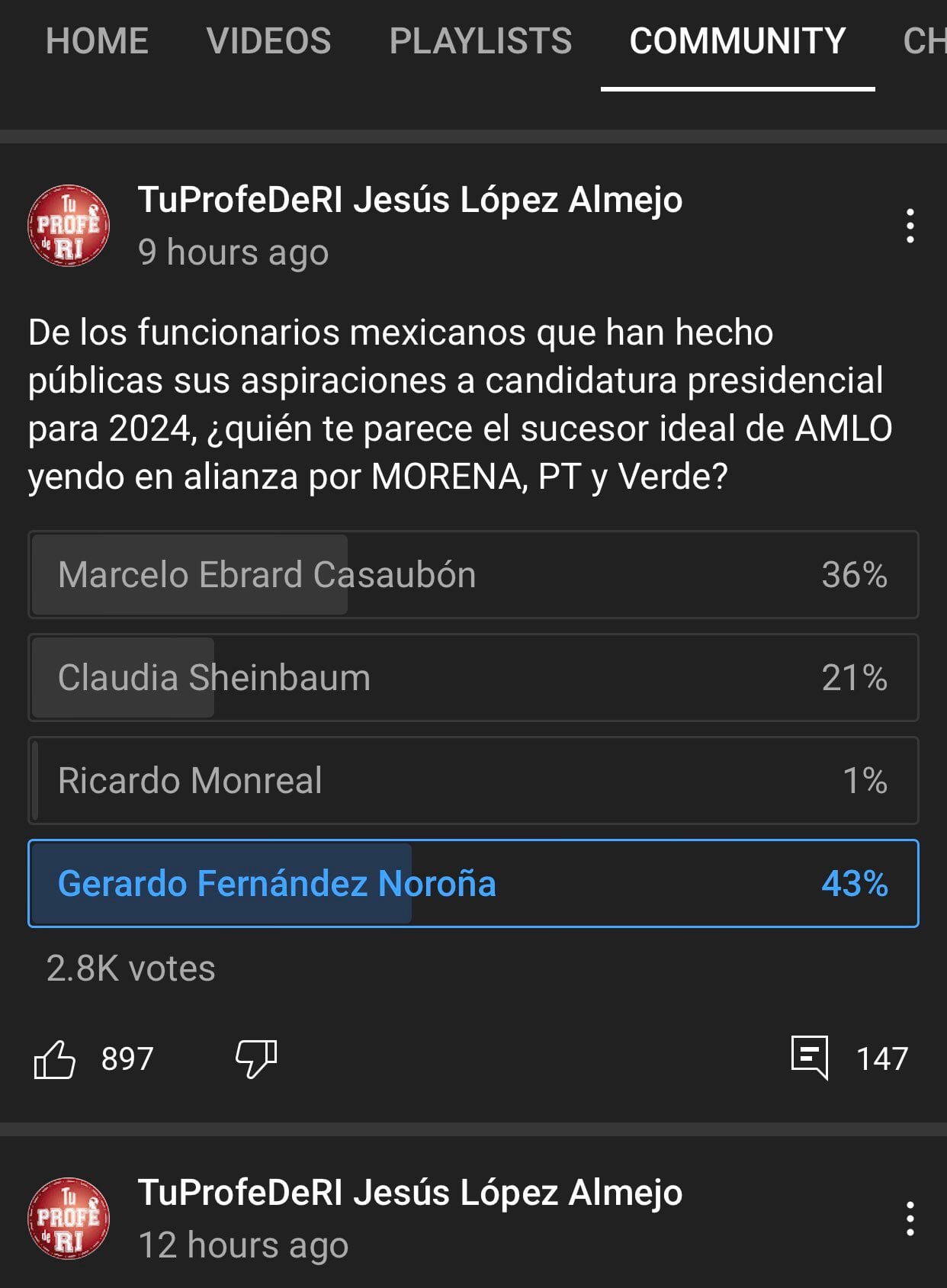 Fernández Noroña comparte sondeo que lo posiciona como “el sucesor ideal” de AMLO