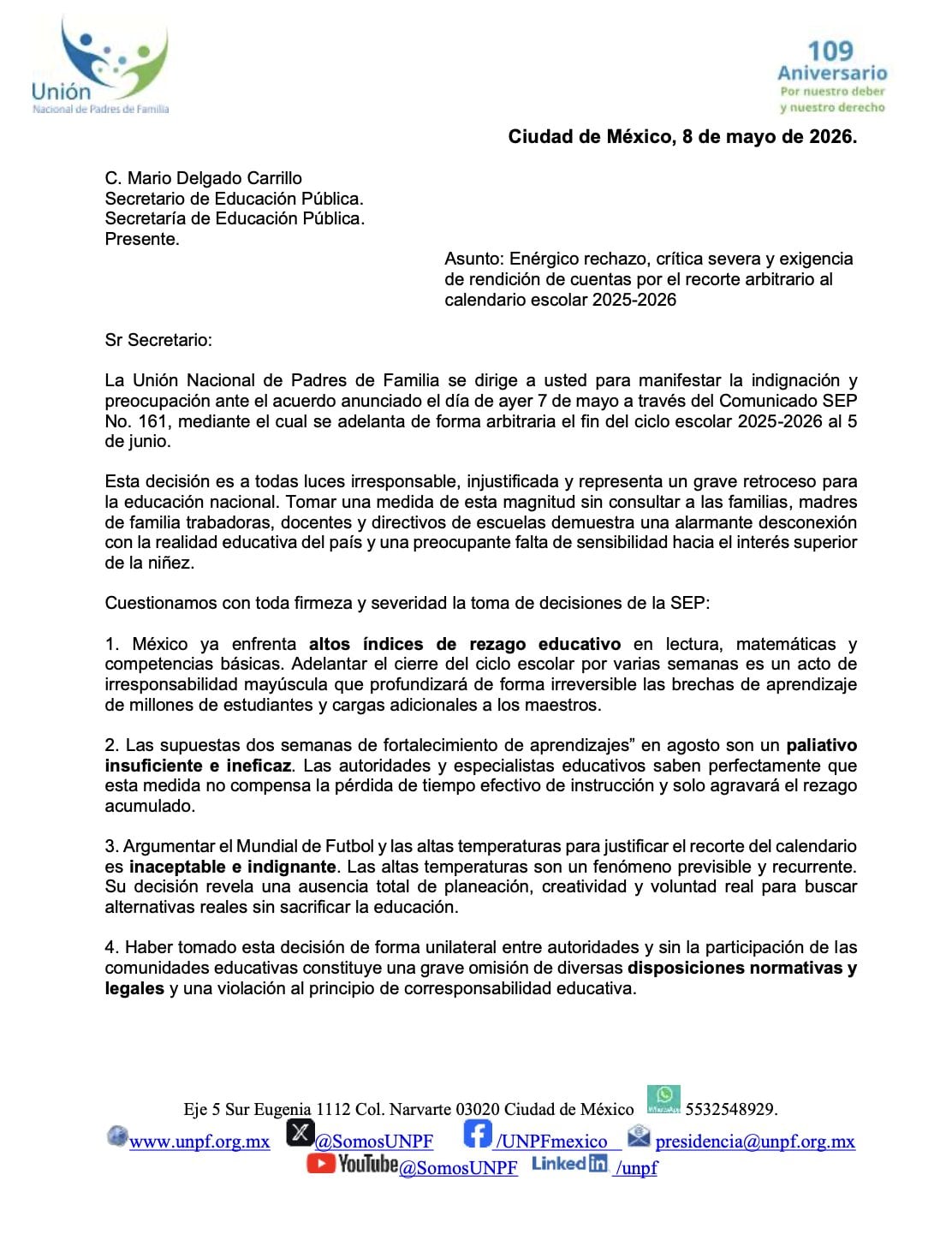 UNPF arremete contra Mario Delgado por recortar el calendario escolar
