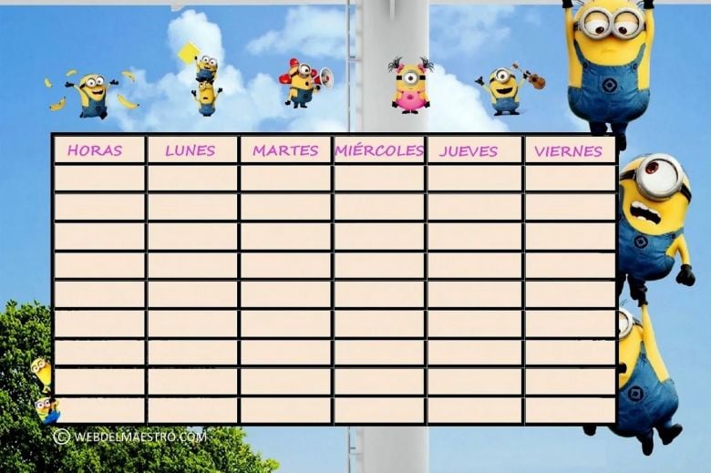 Horario escolar de Minions para regreso a clases 2024 con fondo de nubes