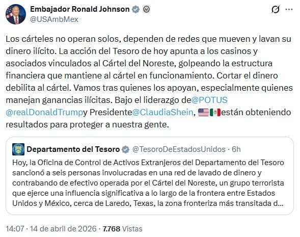 Embajador Johnson aplaude acciones de Trump y Sheinbaum para desmantelar al Cártel del Noreste