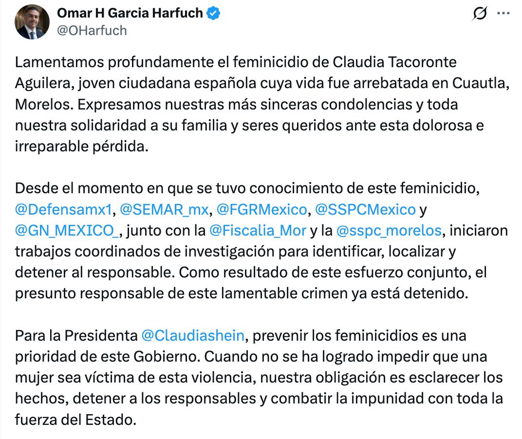 Omar García Harfuch informa detención de Francisco Javier Meléndez, presunto feminicida de Claudia Tacoronte