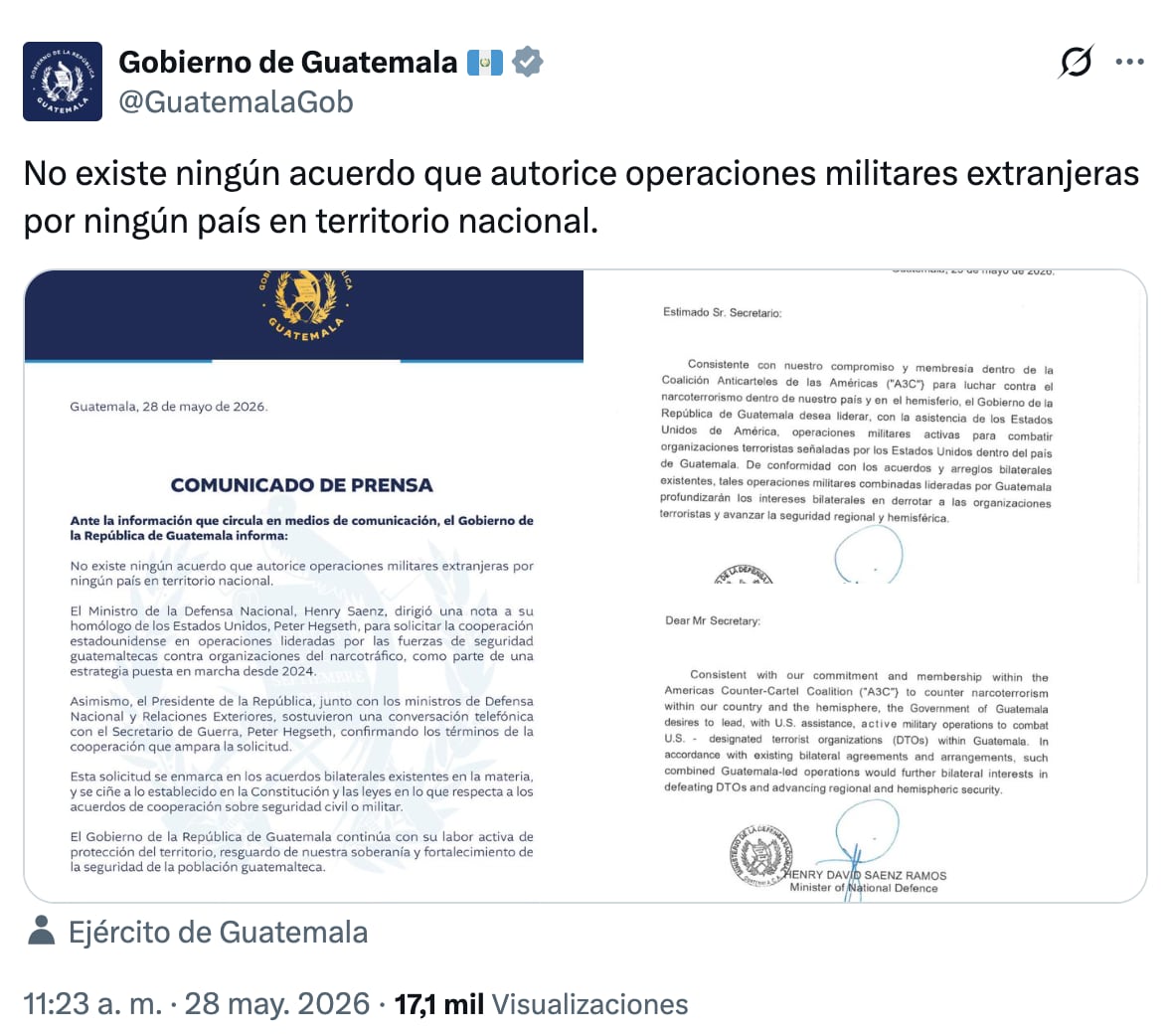 Guatemala publica comunicado sobre supuestas operaciones militares conjuntas con Estados Unidos