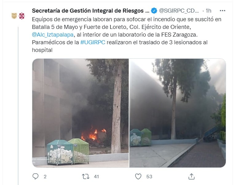 Tuit de la SGIRPC sobre explosión en la FES Zaragoza