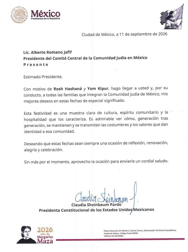 Claudia Sheinbaum felicita a la comunidad judía de México por Rosh Hashaná y Yom Kipur
