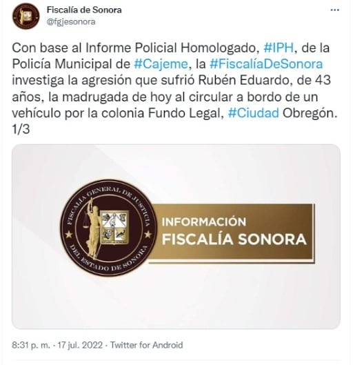 Periodista Rubén Haro sufre ataque a balazos en Ciudad Obregón, Sonora; resulta ileso
