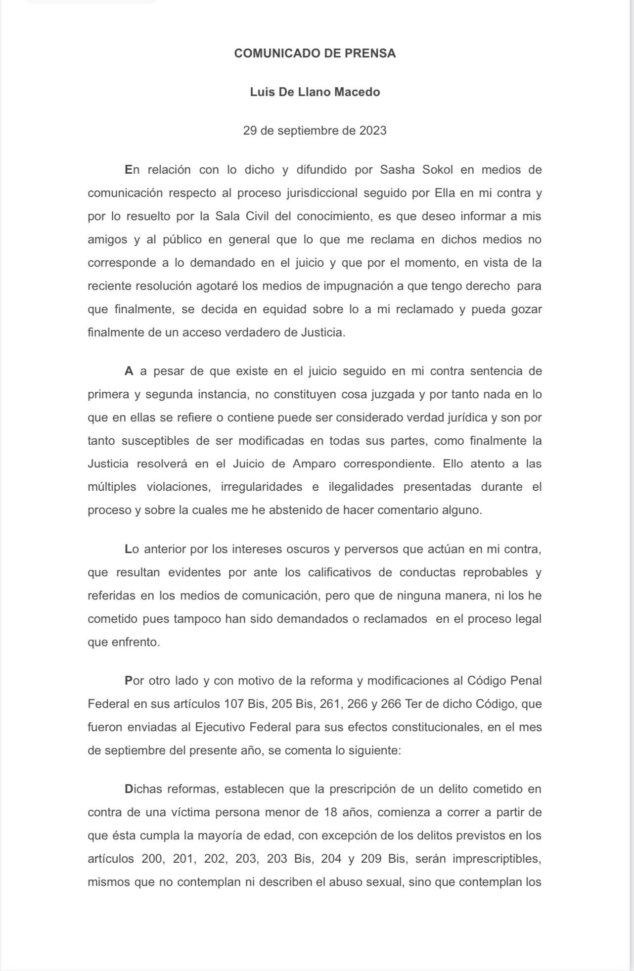 Comunicado de Luis de Llano sobre declaraciones de Sasha Sokol.