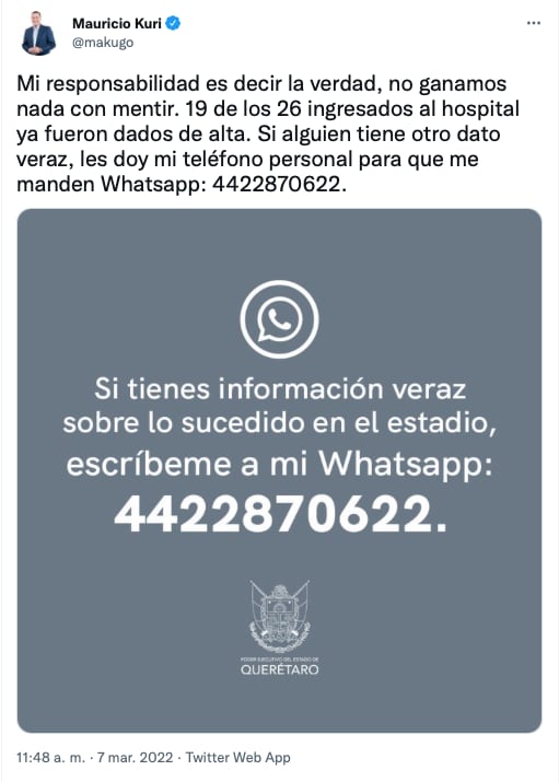 Mauricio Kuri, gobernador de Querétaro, da su teléfono personal para recabar información de la trifulca en La Corregidora