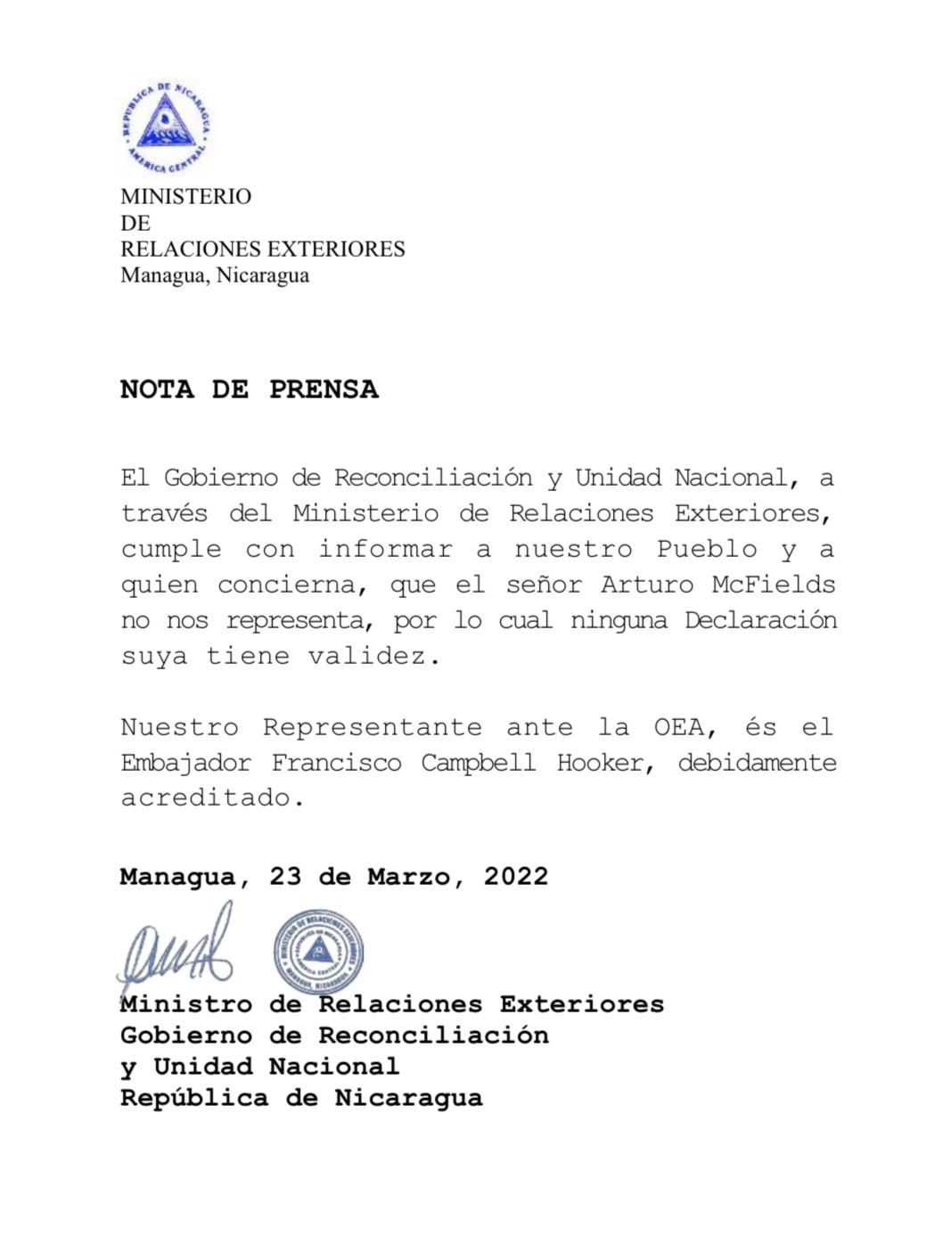 La Cancillería de Nicaragua expresó que Arturo McFields Yescas no representa al país centroamericano.