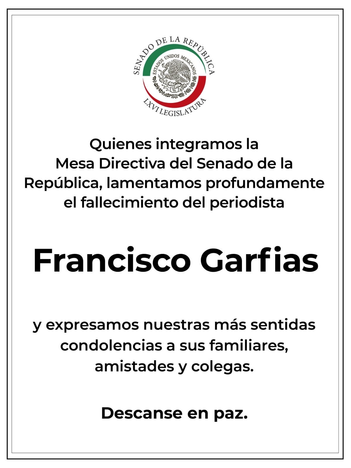 Mesa Directiva del Senado lamenta muerte del periodista Francisco Garifas