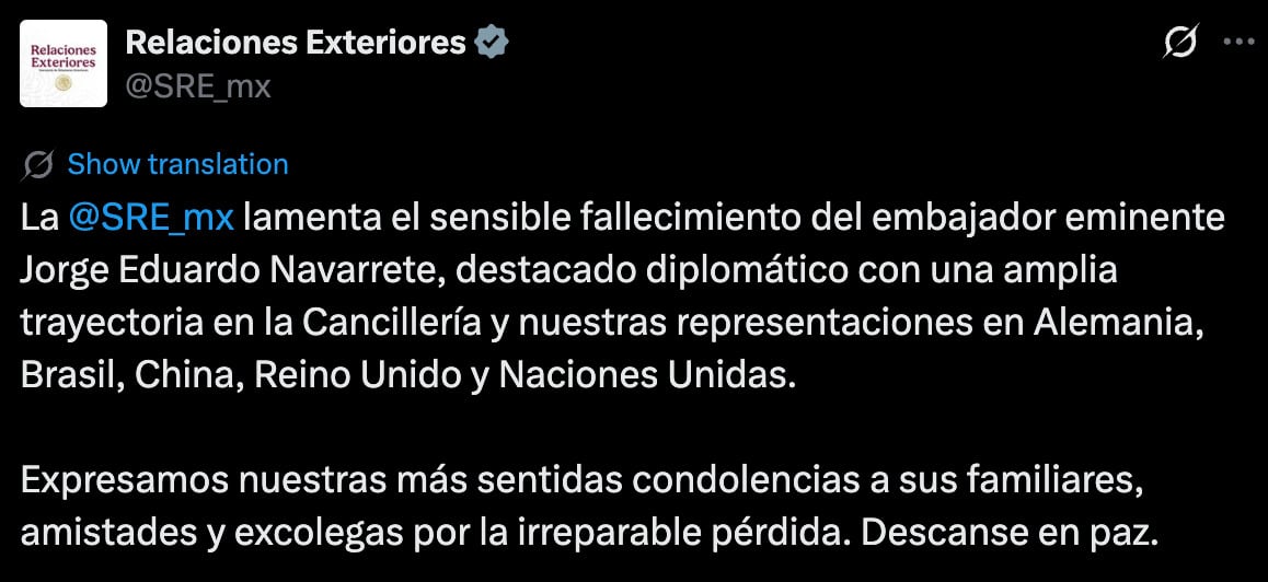 SRE confirma muerte de Jorge Eduardo Navarrete.