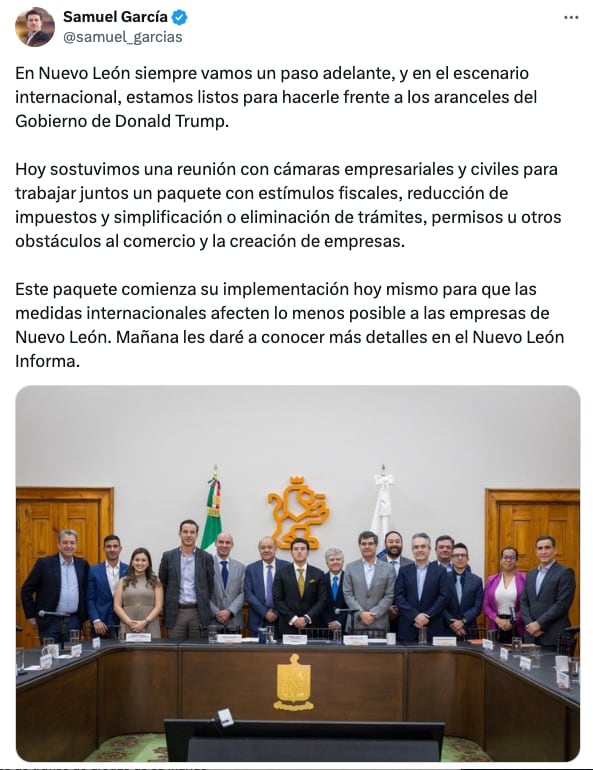 Samuel García anuncia plan para enfrentar aranceles de Estados Unidos
