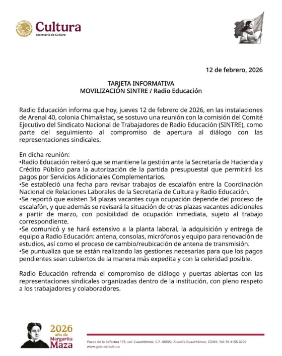 Radio Educación se compromete a pagarle a sus trabajadores en tiempo y forma