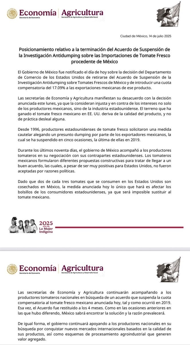 Comunicado contra aranceles de jitomates de México