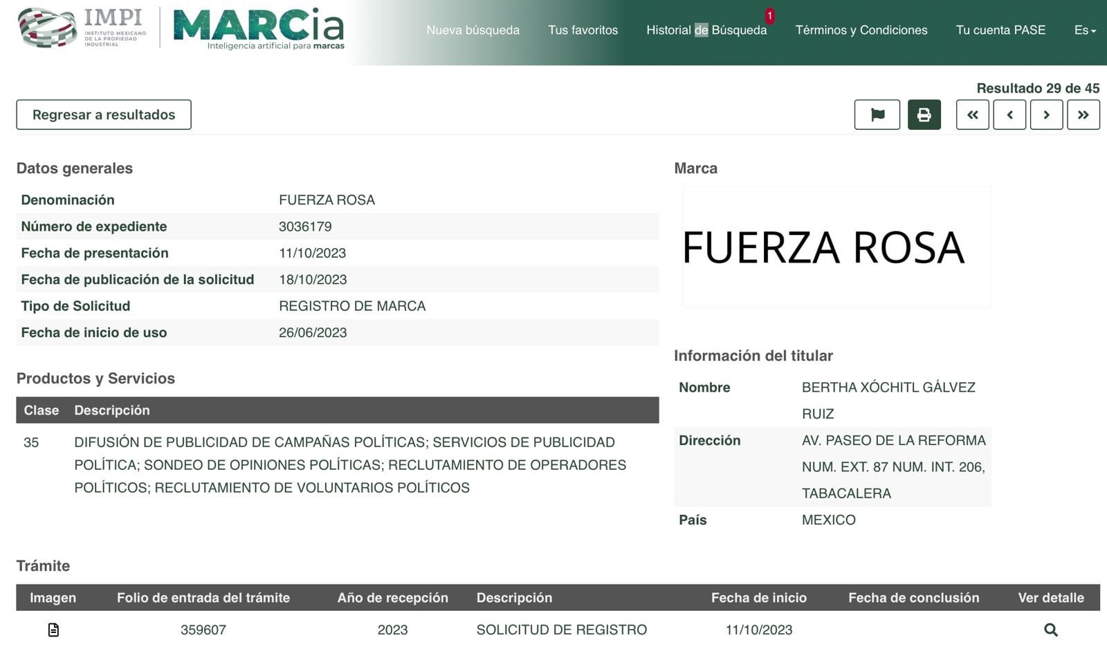 Registro de la marca Fuerza Rosa por Xóchitl Gálvez