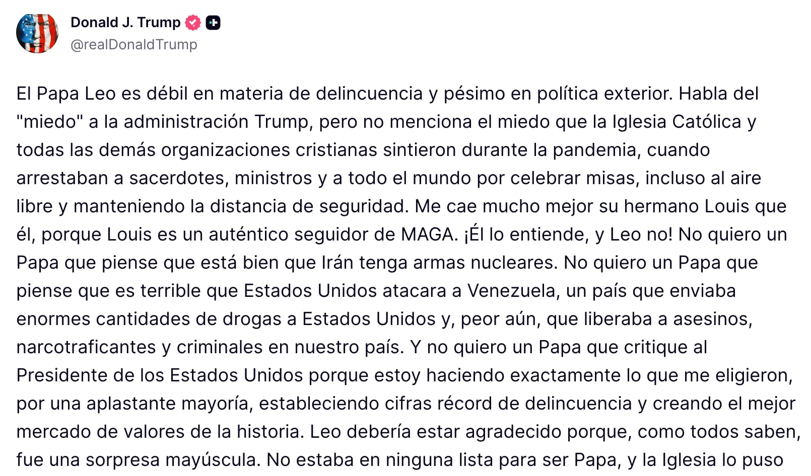 Donald Trump lanza ataque al Papa León XIV, y el líder católico le responde