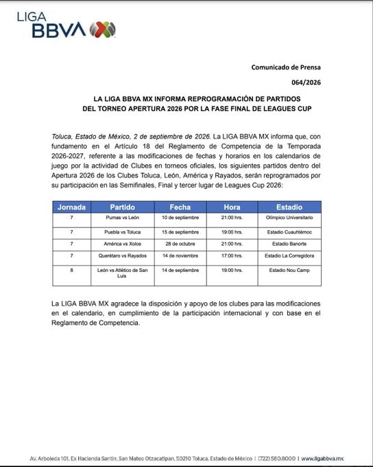 Liga MX anuncia las fechas para los partidos pendientes de la Jornada 7.
