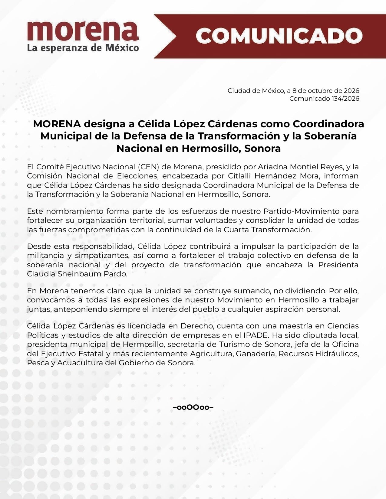 Morena designa a Célida López Cárdenas coordinadora municipal en Hermosillo