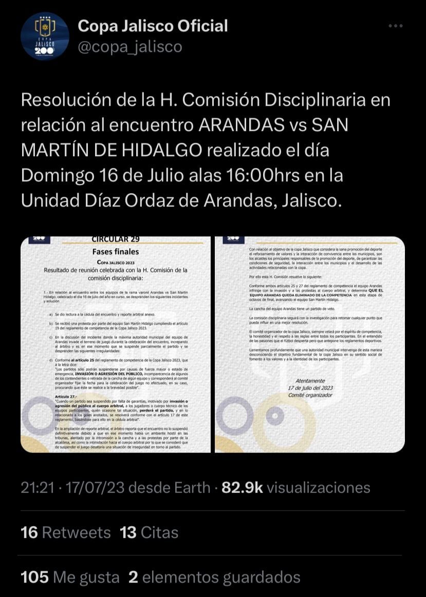 La Copa Jalisco determinó expulsar a Arandas por los actos de su Alcaldesa.