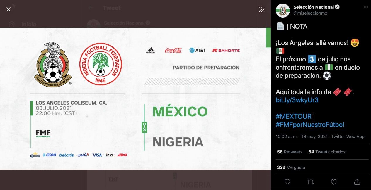 México se medirá a Nigeria en Los Ángeles el próximo 3 de julio.