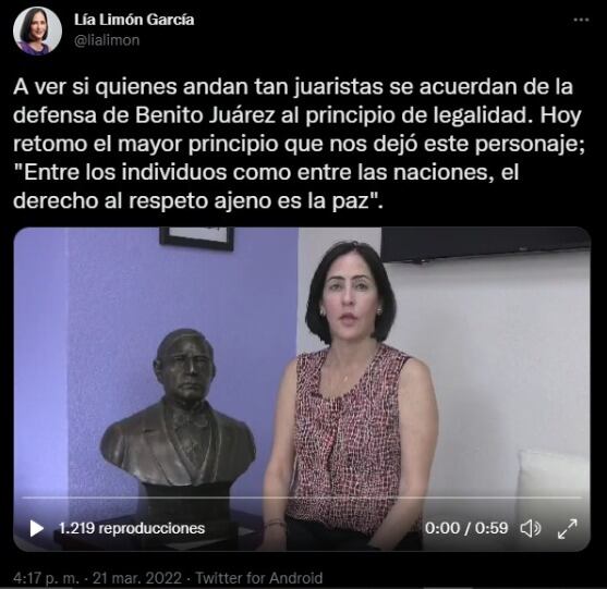Community Manager de Lía Limón se equivoca y cita mal a Benito Juárez.