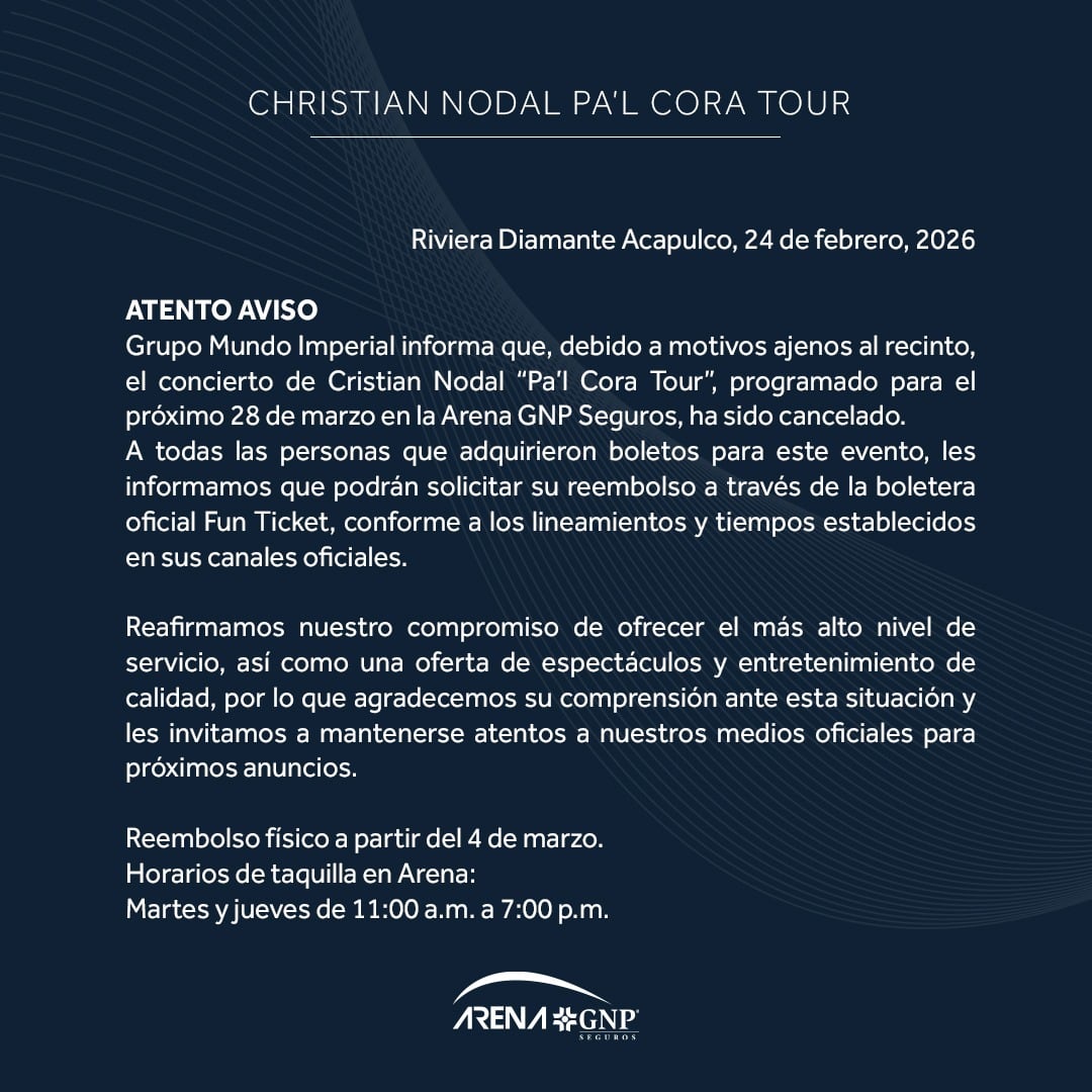 Concierto de Christian Nodal en Acapulco es cancelado.
